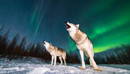 Glistening Ice Wolves Howling Beneath the Aurora Borealis in Arctic Solitude