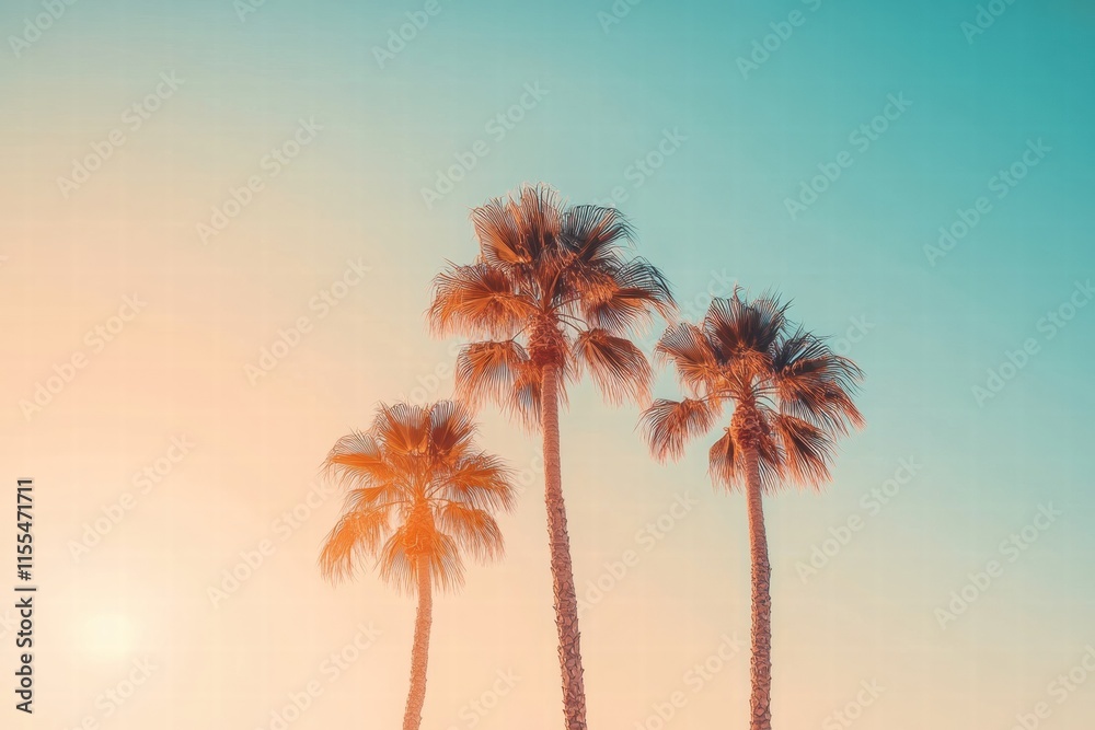 Poster stylish minimal design with palm trees against a pastel orange and blue gradient background for peac