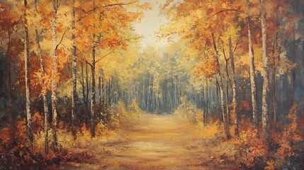 Vibrant Autumn Forest with Colorful Falling Leaves and Illuminated Woodland Path : Generative AI