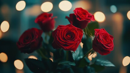 Romantic red roses bouquet with bokeh lights. (1)