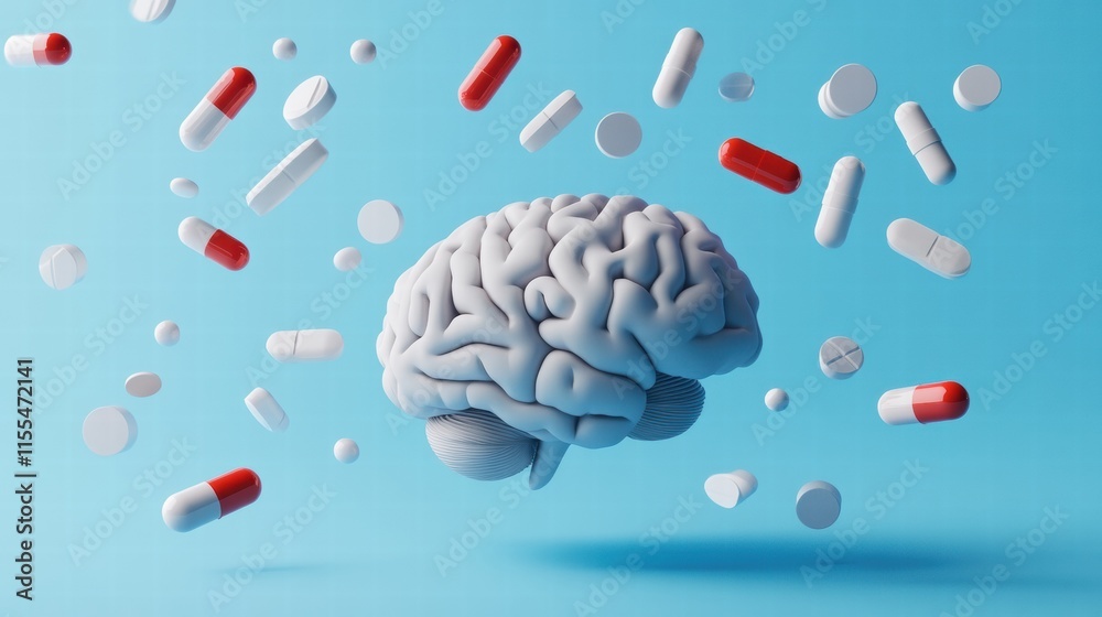 Aufkleber 3D model of human brain surrounded by various colorful pills representing mental health. Generative AI