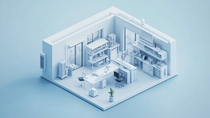 Isometric view of a minimalist white home office.