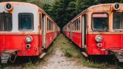 Fototapeta premium Abandoned vintage red trains on overgrown railway track in lush forest
