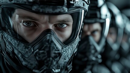 Fototapeta premium Close-up of a Soldier's Determined Gaze Through Protective Gear