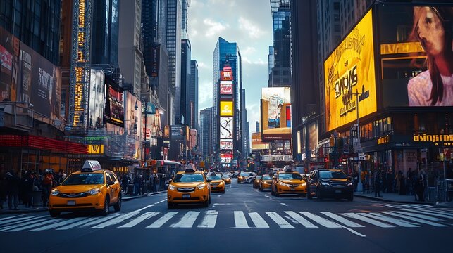 Bustling Times Square New York City with Iconic Yellow Taxis and Bright Billboards : Generative AI