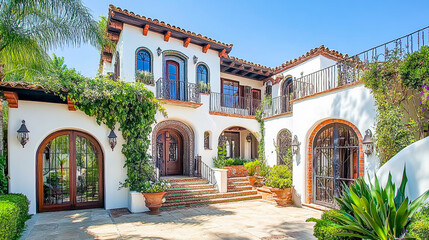 Spanish Revival architecture often incorporates signature elements such as vibrant tile work, intricate wrought iron details, and elegant arched doorways, evoking a Mediterranean-inspired aesthetic