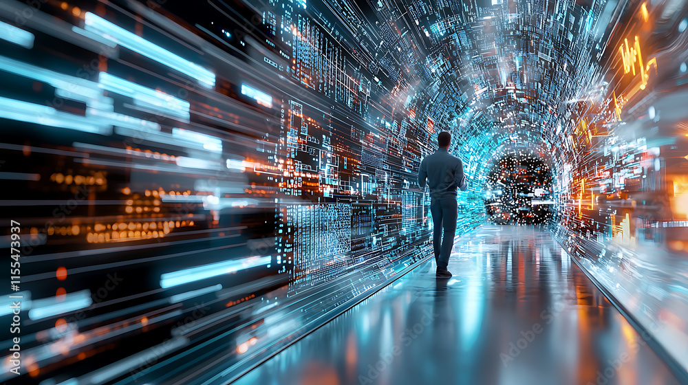 Poster exploring digital realities a person navigating through a data tunnel futuristic environment abstrac