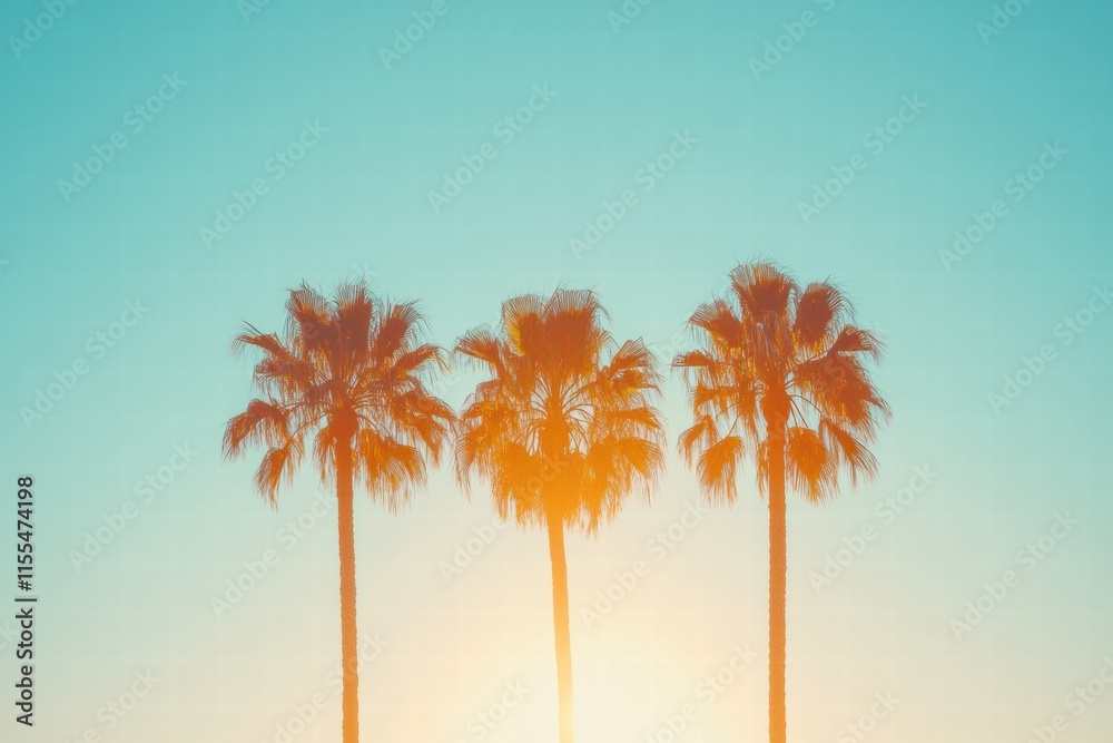 Poster bright palm trees against a pastel orange and blue gradient sky at sunset with minimalist design ele