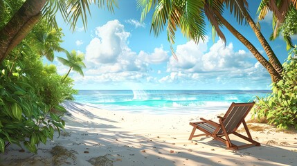 Fototapeta premium A lounge chair on a tropical beach under a palm tree.