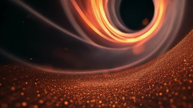At the event horizon tiny specks of light can be seen escaping the pull of the black hole as if being flung out by an invisible force.