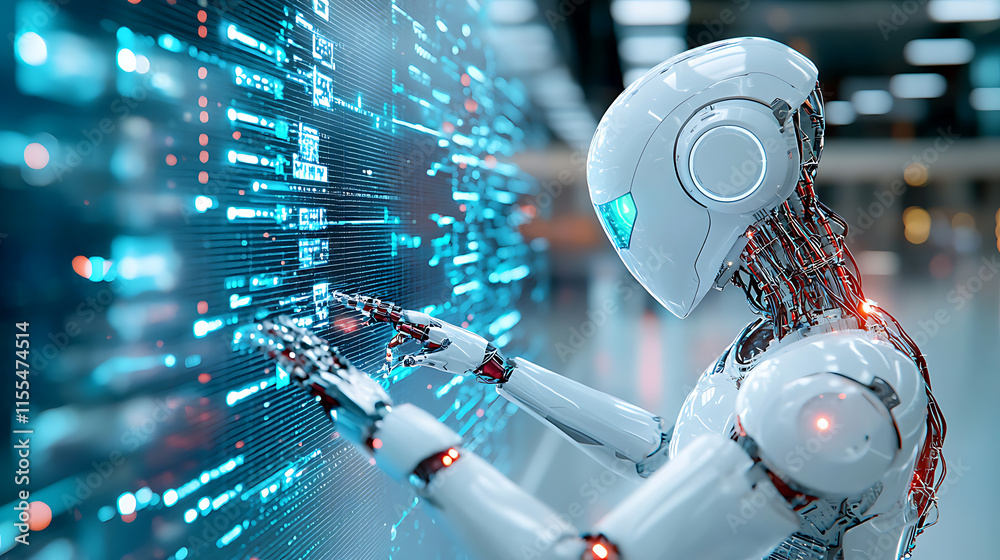 Poster robotic interaction with data futuristic lab digital art high-tech environment close-up ai conceptua