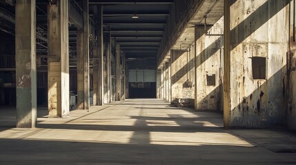A spacious industrial interior with light casting shadows on weathered walls.
