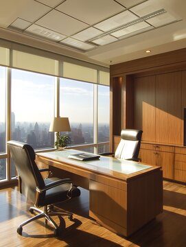 Highend executive office with expansive city skyline and luxurious furnishings : Generative AI