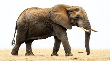 Obraz premium Majestic Lone Elephant Walking Through Savanna Against Clear Sky Background : Generative AI