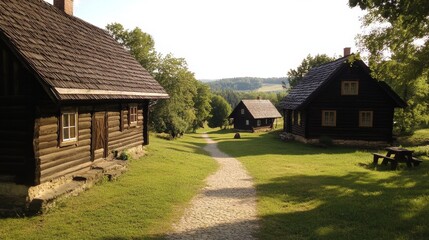 Fototapeta premium Charming Wooden Cottages in a Picturesque Village