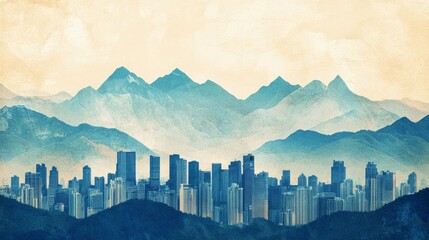 Fototapeta premium City skyline nestled in a majestic mountain range. Serene blue hues dominate the landscape.