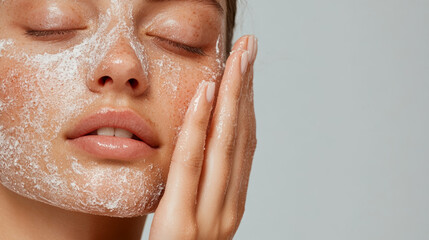 Naklejka premium Woman applying a facial scrub while enjoying a skincare routine at home