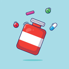 Medicine plastic jar bottle with floating pills and tablets illustration cartoon healthcare vector. Medical theme