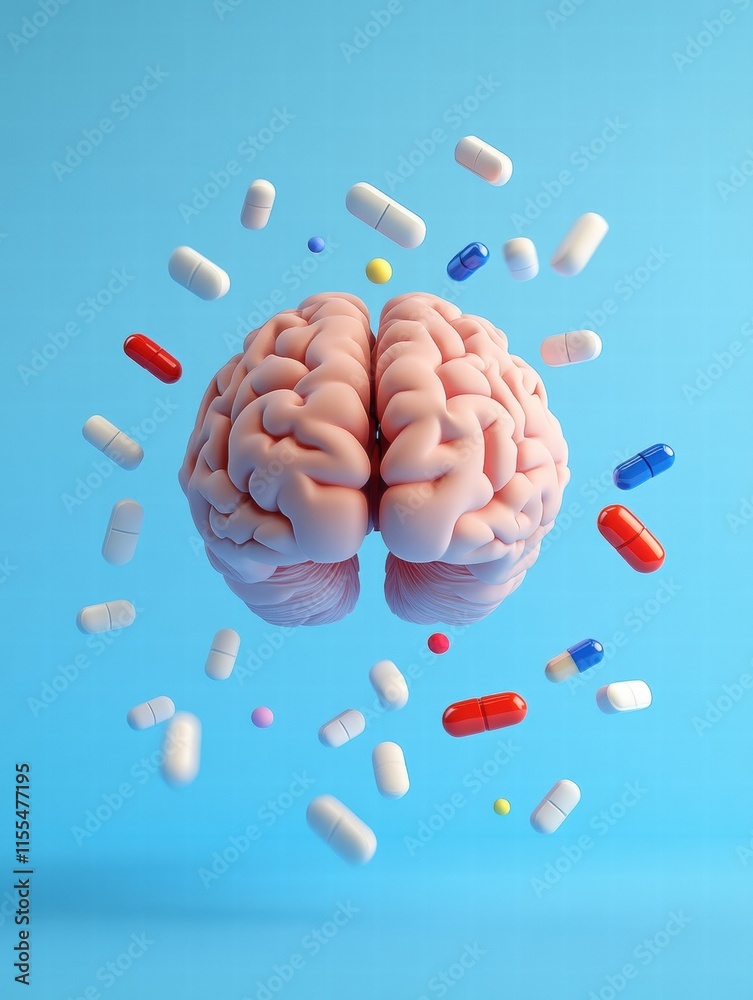 Aufkleber 3d model of a human brain surrounded by various colorful pills representing health and cognition. ge