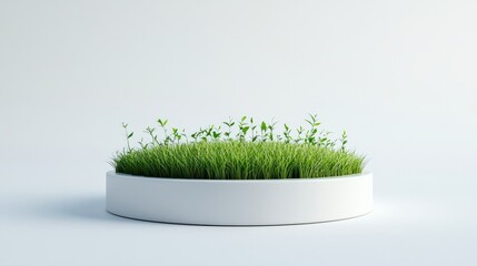 Naklejka premium Polished white podium with vibrant grass surrounding its base against a crisp white backdrop