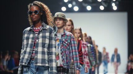 Fototapeta premium Models walk the runway in a fashion show.