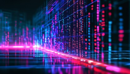 A futuristic digital landscape unfolds, where lines of glowing code converge and diverge, creating a mesmerizing tunnel of data.