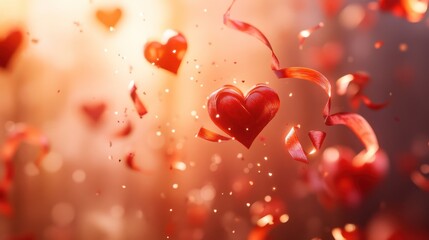 Obraz premium Red hearts and ribbons floating in warm light.