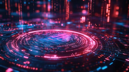 Obraz premium Abstract Futuristic Technology Interface: Neon Glow, Digital Circuitry, and Data Streams