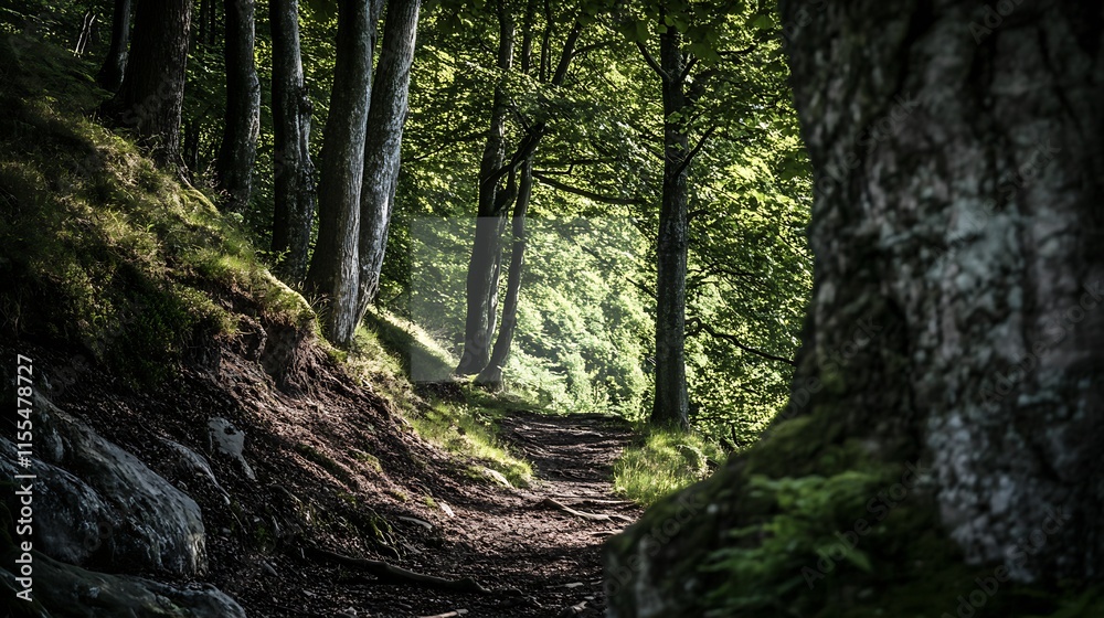 Poster serene forest pathway through lush green trees and dappled sunlight : generative ai