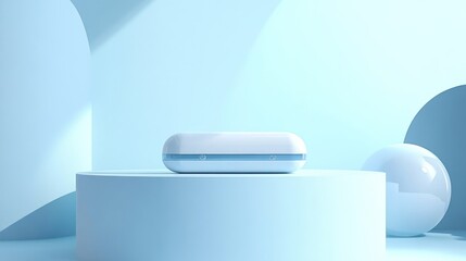 White rectangular device on light blue platform.