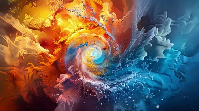An artistic interpretation of a hurricane with abstract shapes and vivid colors representing the strong forces of gluons within nucleons.