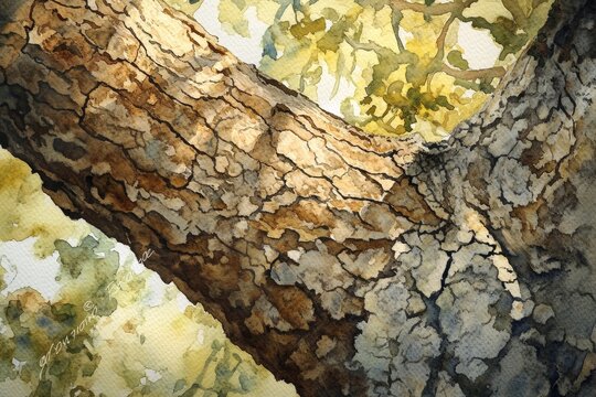 Detailed watercolor painting of tree bark texture, sunlight on rough surface, close-up view.