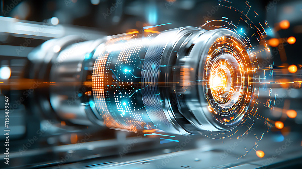 Poster futuristic technology event advanced energy source development tech lab environment close-up viewpoi