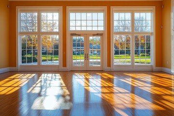 Bright and spacious room with large windows showcasing fall landscape and sunlight reflections