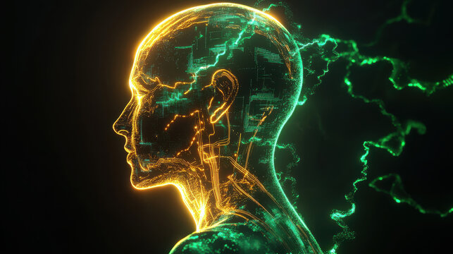 A futuristic digital human silhouette, illuminated with flowing neon green and gold light trails, intricate circuits covering the skin - Powered by Adobe