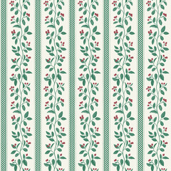 Seamless pattern with vertical stripes and twigs of cotoneaster. Vector vintage illustration. Emerald and red.