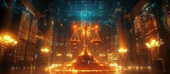 Obraz premium Cyberpunk Justice: Scales of Justice in a Futuristic Metropolis