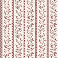 Seamless pattern with vertical stripes and twigs of cotoneaster. Vector vintage illustration. Red and white.