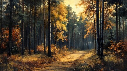 Obraz premium Idyllic Autumn Forest with Warm Hues and Sunlit Path for Scenic Outdoor Adventures : Generative AI
