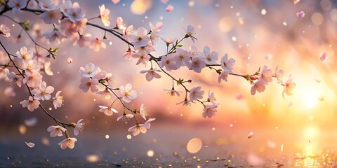 Cherry Blossom Rain: Serene Wallpaper with Falling Petals and Soft Pastel Sunrise Sky