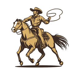 A dashing cowboy skillfully rides his horse, lasso in hand, showcasing the spirit of the Wild West.