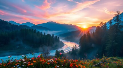 Spring Forest Mountain River in Sunrise