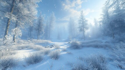 Fototapeta premium Sunlit snowy forest path.