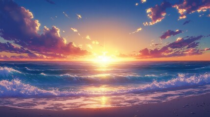 Obraz premium Vibrant sunset over ocean waves on sandy beach.