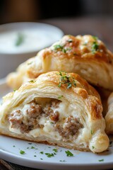 Deliciously Decadent Sausage and Cream Cheese Crescents Served Warm on a Plate Garnished with Fresh Herbs, Perfect for Any Gathering or Snack Time