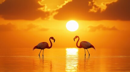 Naklejka premium Two flamingos at sunset in calm water.