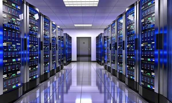 Modern Data Center: Rows of Servers in a High-Tech Facility