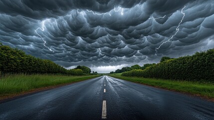 A dark and dramatic landscape of a wet road stretching into a stormy sky filled with ominous clouds and lightning.