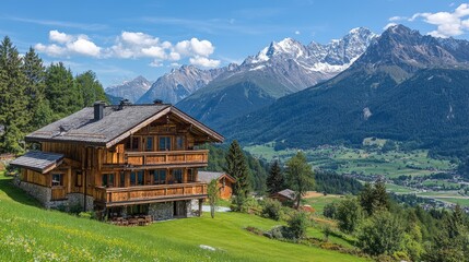 Wooden chalet overlooking picturesque valley in swiss alps during summer
