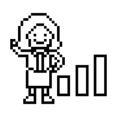 Fototapeta premium Cartoon cute pixel cartoon 8bit character business woman office smart work game for decoration business 8 bit female lady teacher businesswoman career smart character game png vector.
